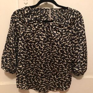 Black and cream bird print silk blouse
